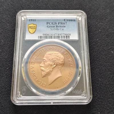 【全场包邮】纯粹捡漏拍485场（免费代拍第22场） - 【收藏级·亚军分】英国1911年乔治五世乔治屠龙1克朗精制COPPER铜币X94b-PCGS PR67