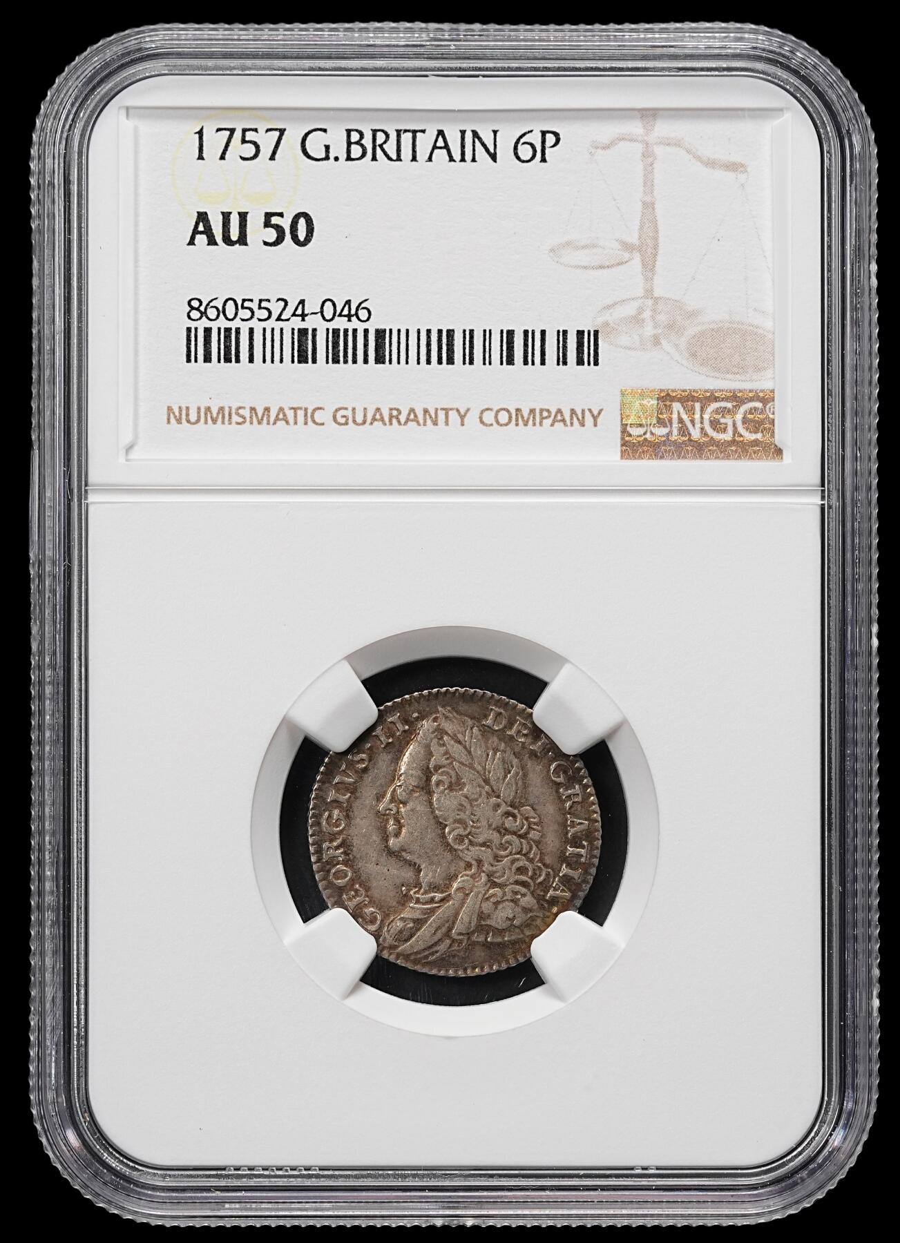 修遠堂世界钱币第九十五期 NGC AU50 1757年英国6便士银币