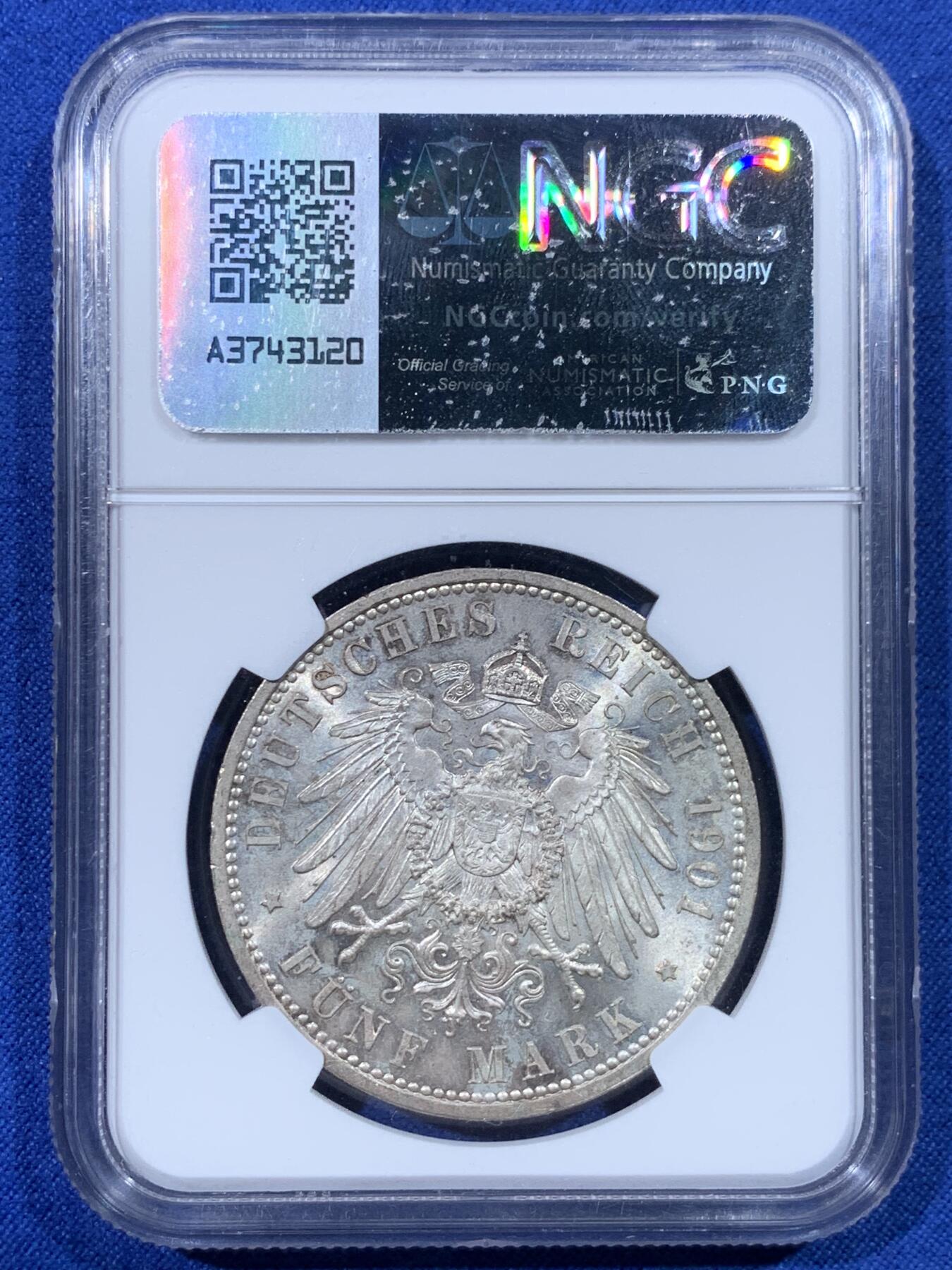 《竞宝斋》第443场 周日，周一，2场连拍 （全场包邮） NGC MS65 德国1901年普鲁士建国200周年5马克大银币 黄油包浆 德系高分大银币一路狂飙 珍惜国内现货机会