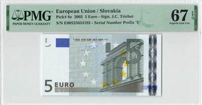 小福收藏拍卖第196期 评级币精选场 大量新增精品 本期有68分倒置号布隆迪世界最大纸币  菲律宾百位靓号100000比索超大纪念钞 巴基斯坦51年100卢比冠军分 泰国69年10铢纪念钞0A冠百位倒置号  文莱06年500吉令特首年首冠 丹麦经典大松鼠  法属印度支那 俄罗斯 玻利维亚 东加勒比 亚美尼亚等多国精美高分珍稀老钞精品纸币 - 斯洛伐克 2002年 5欧元 二签 PMG67 EPQ 季军分