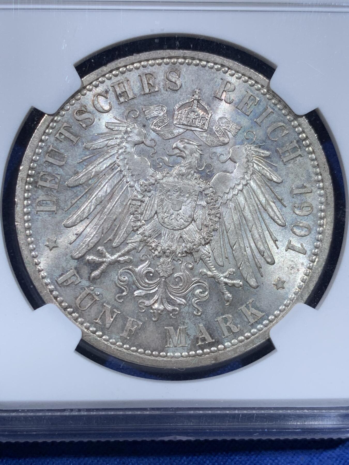 《竞宝斋》第443场 周日，周一，2场连拍 （全场包邮） NGC MS65 德国1901年普鲁士建国200周年5马克大银币 黄油包浆 德系高分大银币一路狂飙 珍惜国内现货机会