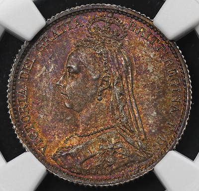 修遠堂世界钱币第九十五期 - NGC MS64 1887年英国6便士银币 极品重五彩