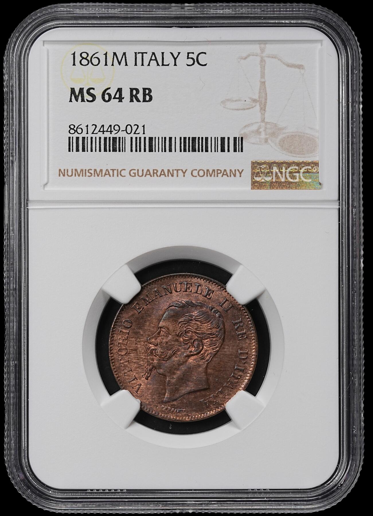 修遠堂世界钱币第九十五期 NGC MS64RB 1861年意大利5分铜币