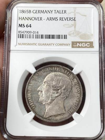 万国钱币拍卖第056期 - NGC MS64 1865年德国汉诺威狮马流通1泰勒 橡树年份流通品种 浮雕镜面感极强 五彩油画包浆令人着迷