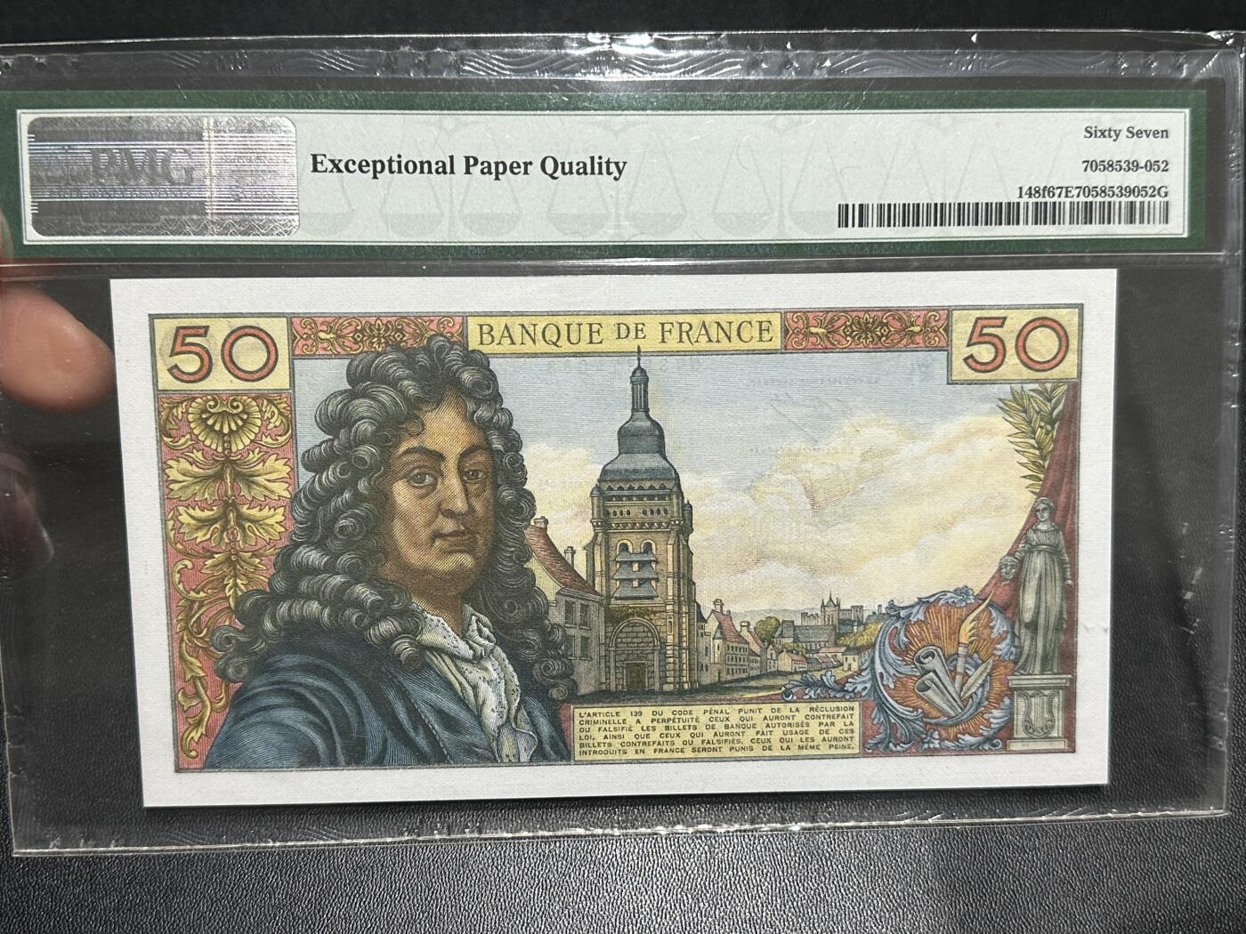 《外钞收藏家》第五百九十期（欧洲强钞、港币、硬通货及丰富裸币大拍场）（本平台长期征集拍品、欢迎藏友们联系合作） 1976年法国50法郎 拉辛 PMG67 尾88