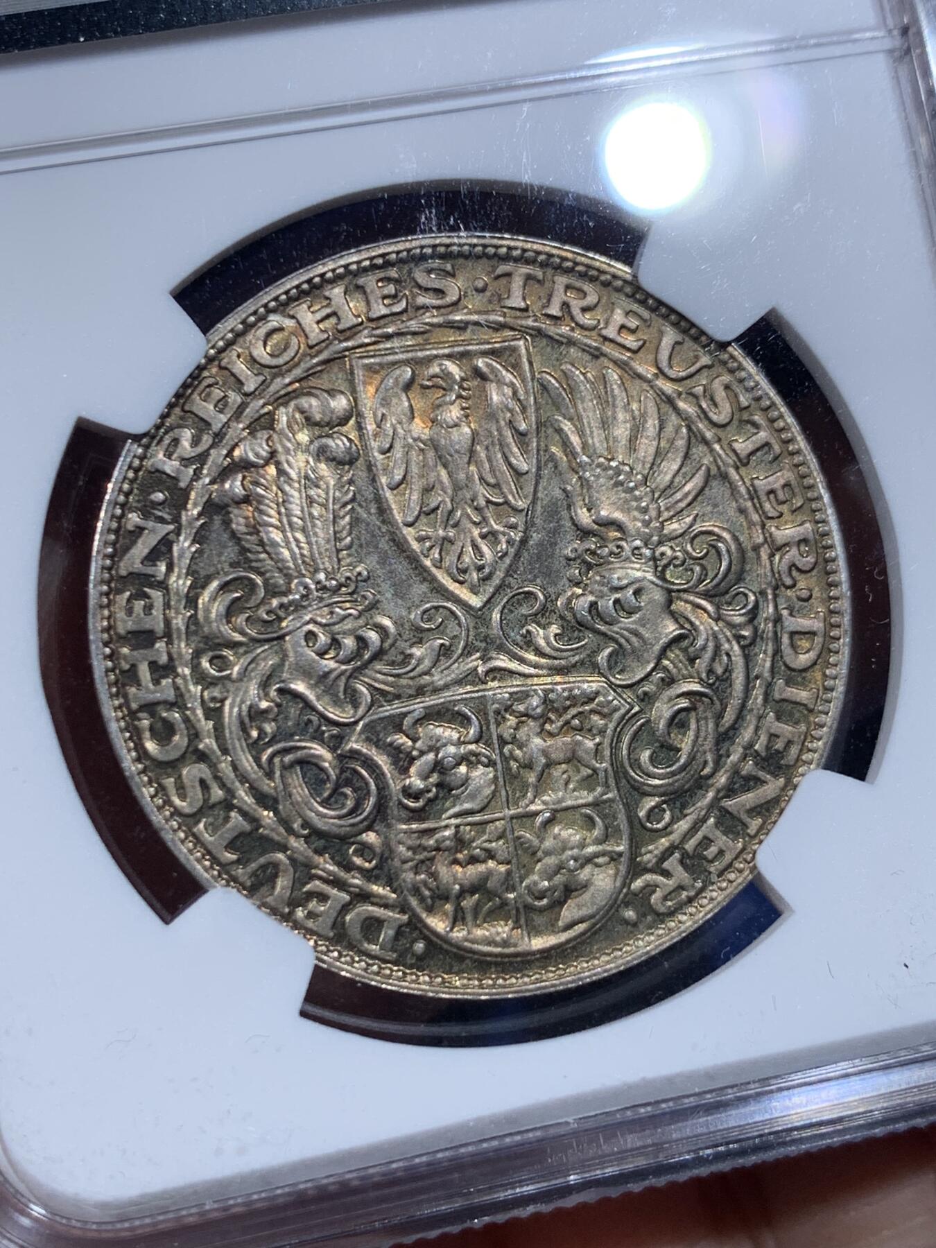 《竞宝斋》第443场 周日，周一，2场连拍 （全场包邮） NGC MS62 德国1927年兴登堡80大寿纪念银章，高分，双面包浆非常漂亮，卡尔哥茨作品。