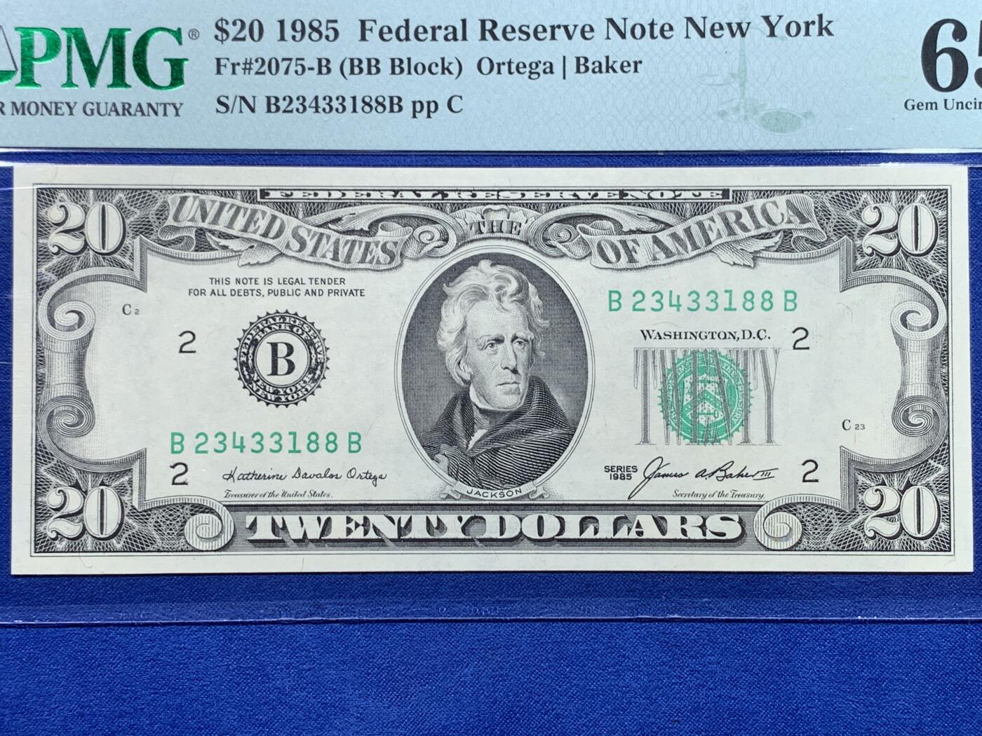 《竞宝斋》第443场 周日，周一，2场连拍 （全场包邮） PMG 65EPQ 美国 1985年 20美元