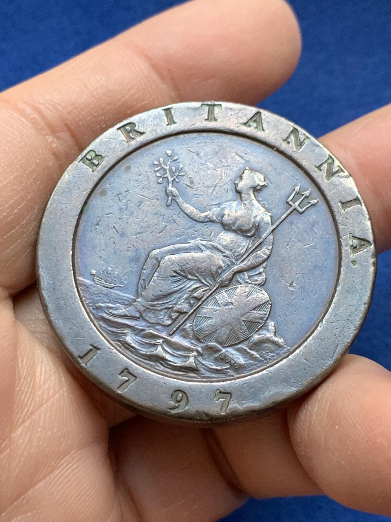 《竞宝斋》第443场 周日，周一，2场连拍 （全场包邮） 英国1797年乔治三世2便士 车轮便士铜币