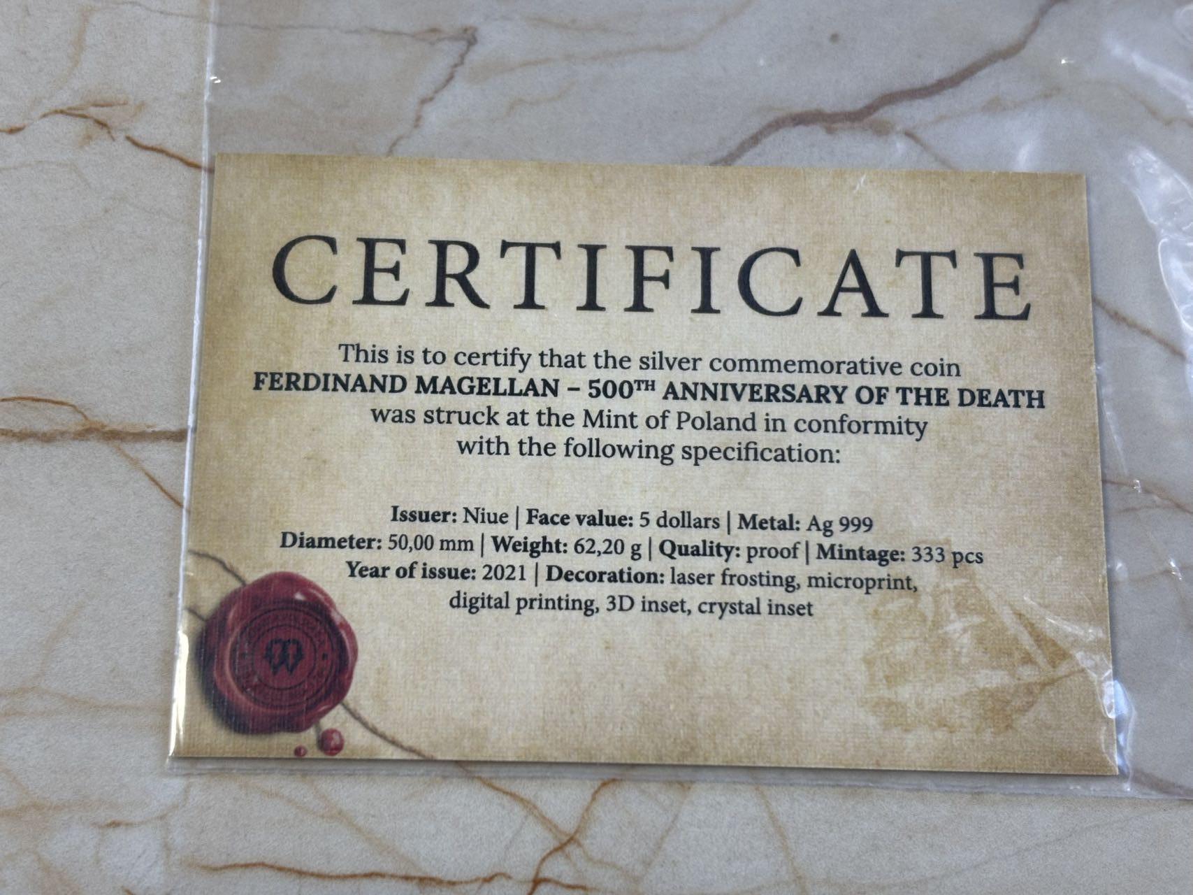 第183期拍卖 纽埃2021年麦哲伦环球航行立体镶嵌2盎司纪念银币，999银，发行333枚，亚克力盒有裂痕