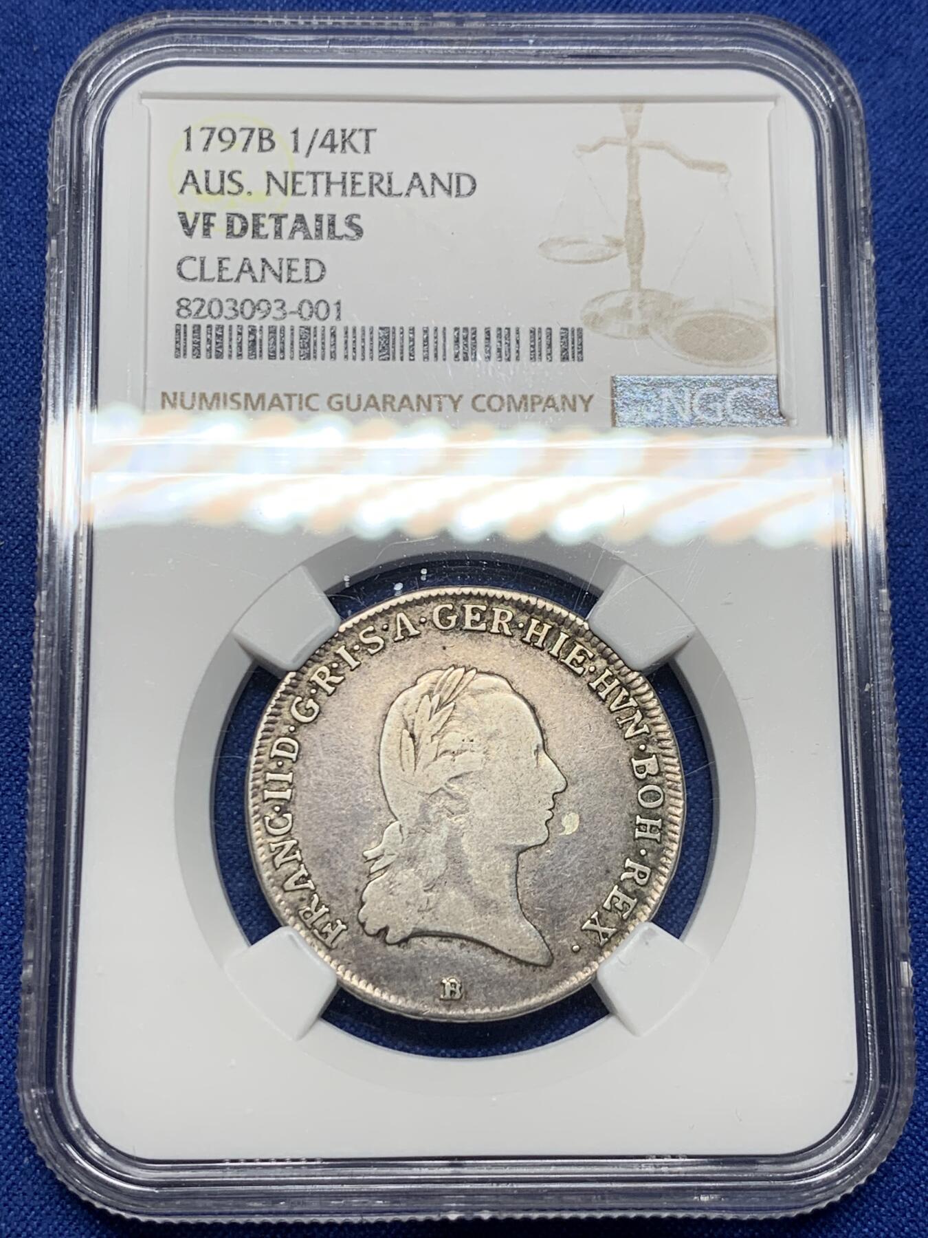 《竞宝斋》第443场 周日，周一，2场连拍 （全场包邮） NGC VFD 奥属荷兰 1797年 1/4泰勒银币 B版 背面三皇冠 经典品种