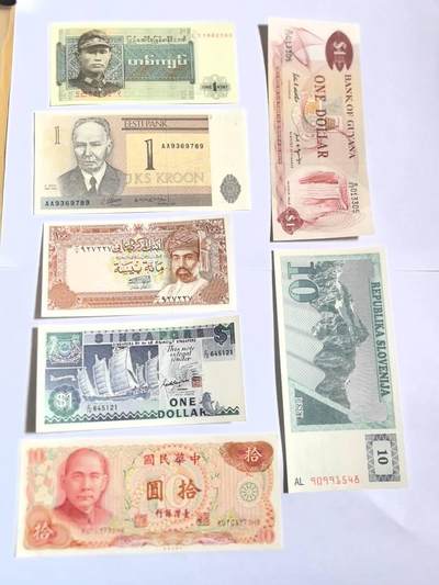 各国外币第100期 无佣金 - 缅甸爱沙尼亚阿曼新加坡台湾圭亚那斯洛文尼亚7张 全新