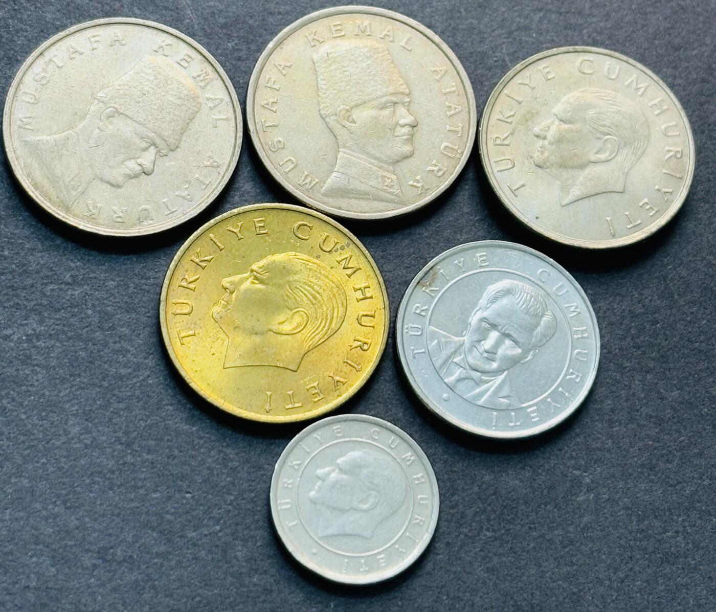 文馨钱币收藏第 284 场，【 长期接收代拍品】老藏家拍品南朝鲜李承晚时期货币，泰国大型纪念币，土耳其各时期及各国套币场 原光好品土耳其 5-10 万里拉 6 枚