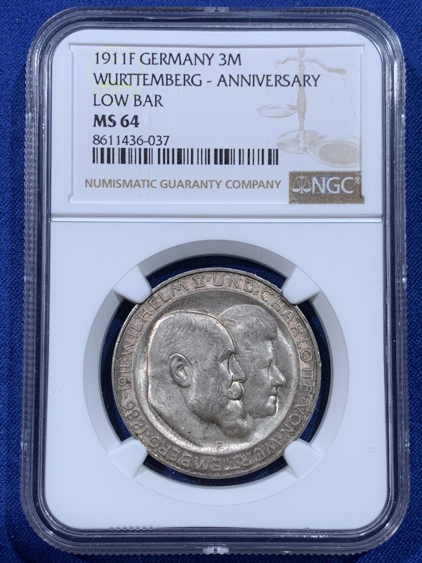 《竞宝斋》第443场 周日，周一，2场连拍 （全场包邮） NGC MS64 德国1911年符腾堡王国威廉二世国王银婚3马克银币