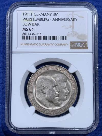 《竞宝斋》第443场 周日，周一，2场连拍 （全场包邮） - NGC MS64 德国1911年符腾堡王国威廉二世国王银婚3马克银币