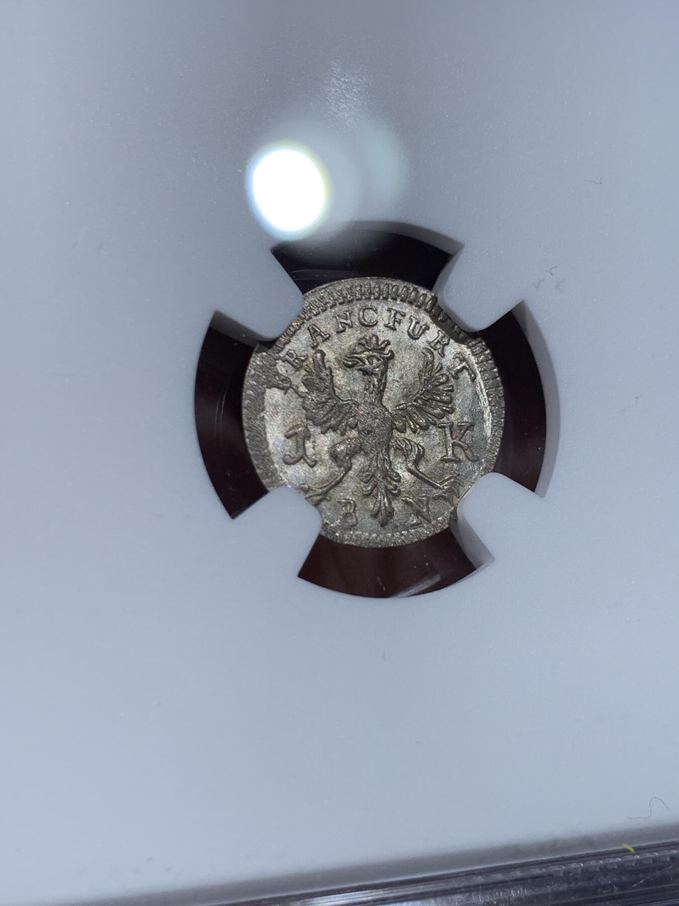 《竞宝斋》第443场 周日，周一，2场连拍 （全场包邮） NGC MS65 神圣罗马帝国时期1773年法兰克福城市景观银币，面值1克鲁泽，神罗系列的帝国自由市小精品，光度无敌，高分难得