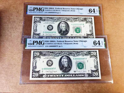 【Blue Auction】世界纸币精拍第757期——18级TOP拍卖/信誉/品质/专业/高效💫 - 【一组2张97小号同号】美国 1988年20美金 PMG64EPQ 