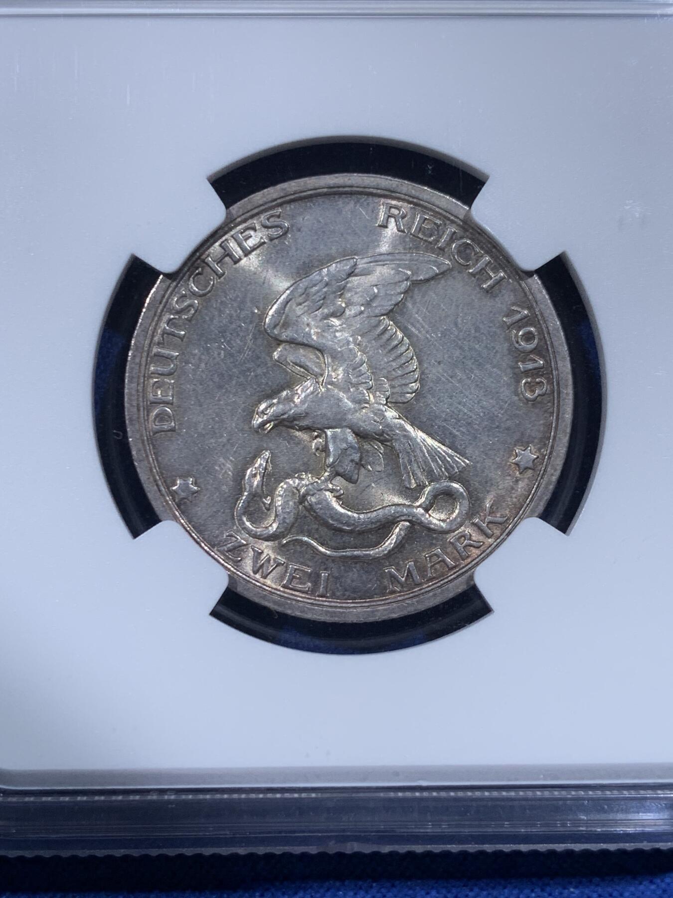 《竞宝斋》第443场 周日，周一，2场连拍 （全场包邮） NGC MS63 德国1913A普鲁士战胜拿破仑2马克银币