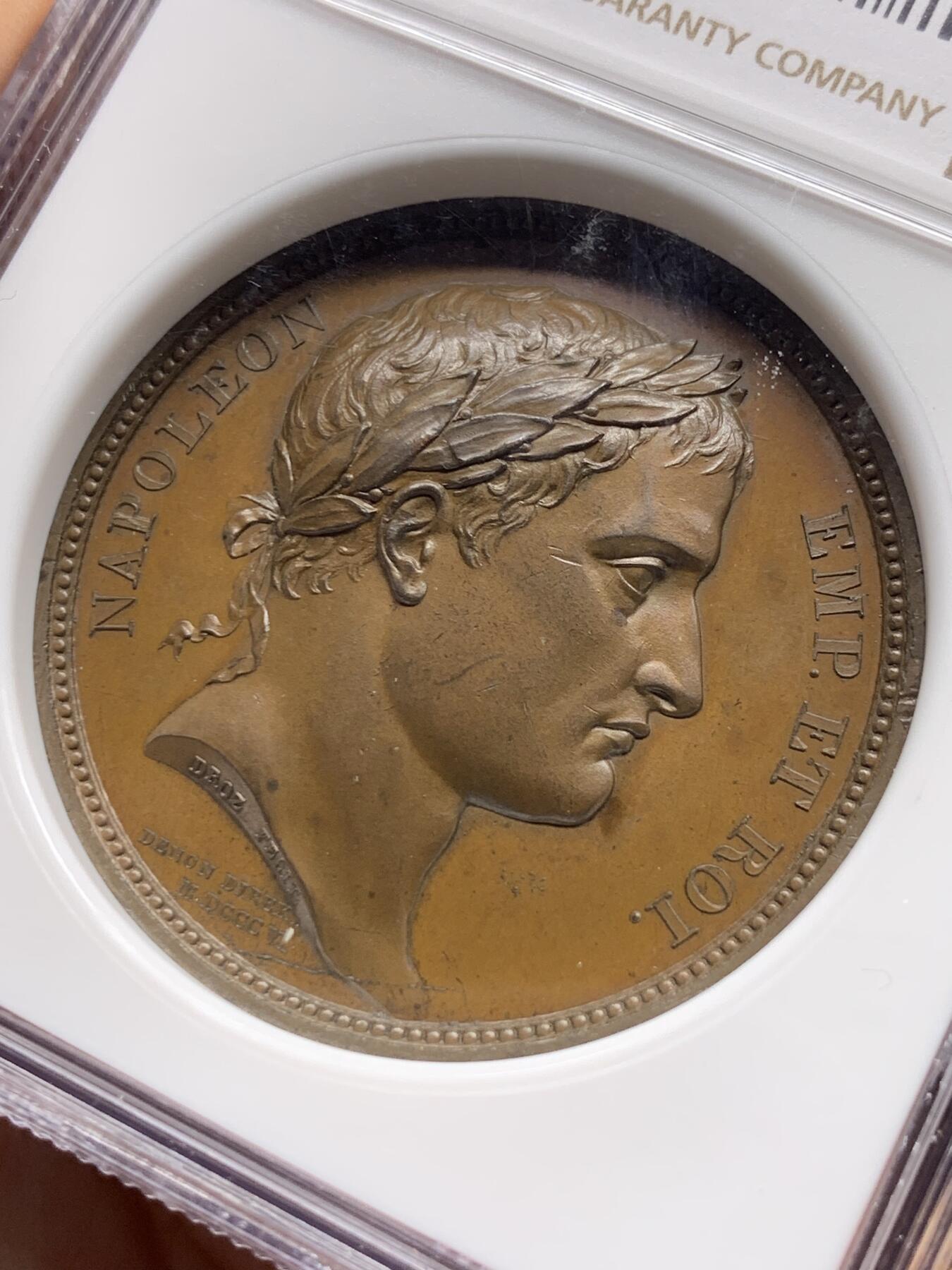 《竞宝斋》第443场 周日，周一，2场连拍 （全场包邮） NGC MS64BN 法国1805年拿破仑一世和弗朗茨二世双皇会晤纪念铜章，亚军分，纪念奥斯特里茨三皇之战后的休战会议。极少见品种，加厚盒装。