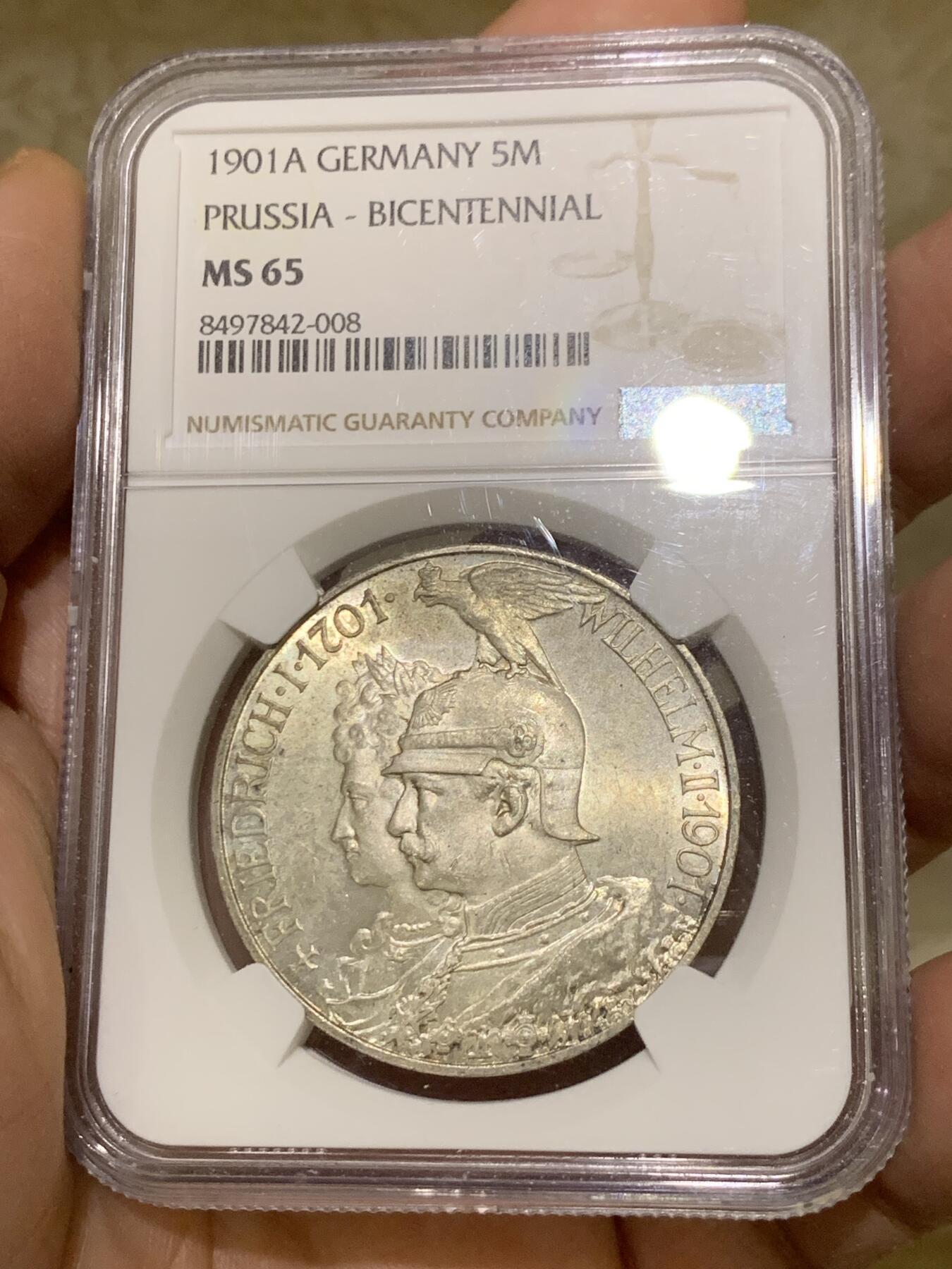 《竞宝斋》第443场 周日，周一，2场连拍 （全场包邮） NGC MS65 德国1901年普鲁士建国200周年5马克大银币 黄油包浆 德系高分大银币一路狂飙 珍惜国内现货机会