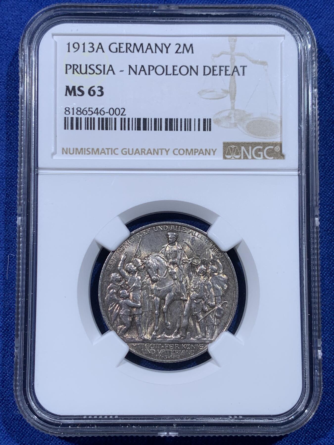 《竞宝斋》第443场 周日，周一，2场连拍 （全场包邮） NGC MS63 德国1913A普鲁士战胜拿破仑2马克银币