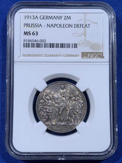 《竞宝斋》第443场 周日，周一，2场连拍 （全场包邮） - NGC MS63 德国1913A普鲁士战胜拿破仑2马克银币