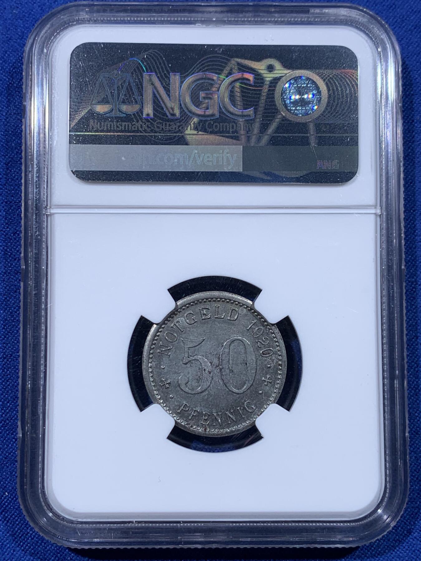 《竞宝斋》第443场 周日，周一，2场连拍 （全场包邮） NGC MS62 德国1923年德紧门登地区铁质洞熊币，面值50芬尼，此铁质版比铝质版少