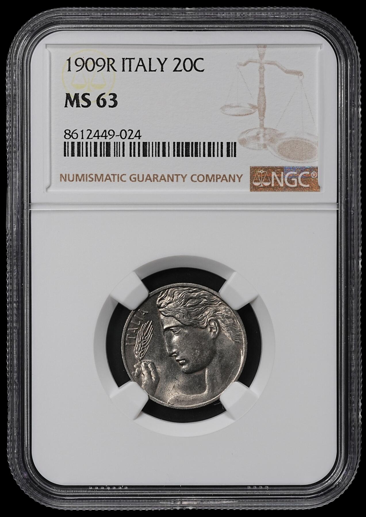 修遠堂世界钱币第九十五期 NGC MS63 1909年意大利20分