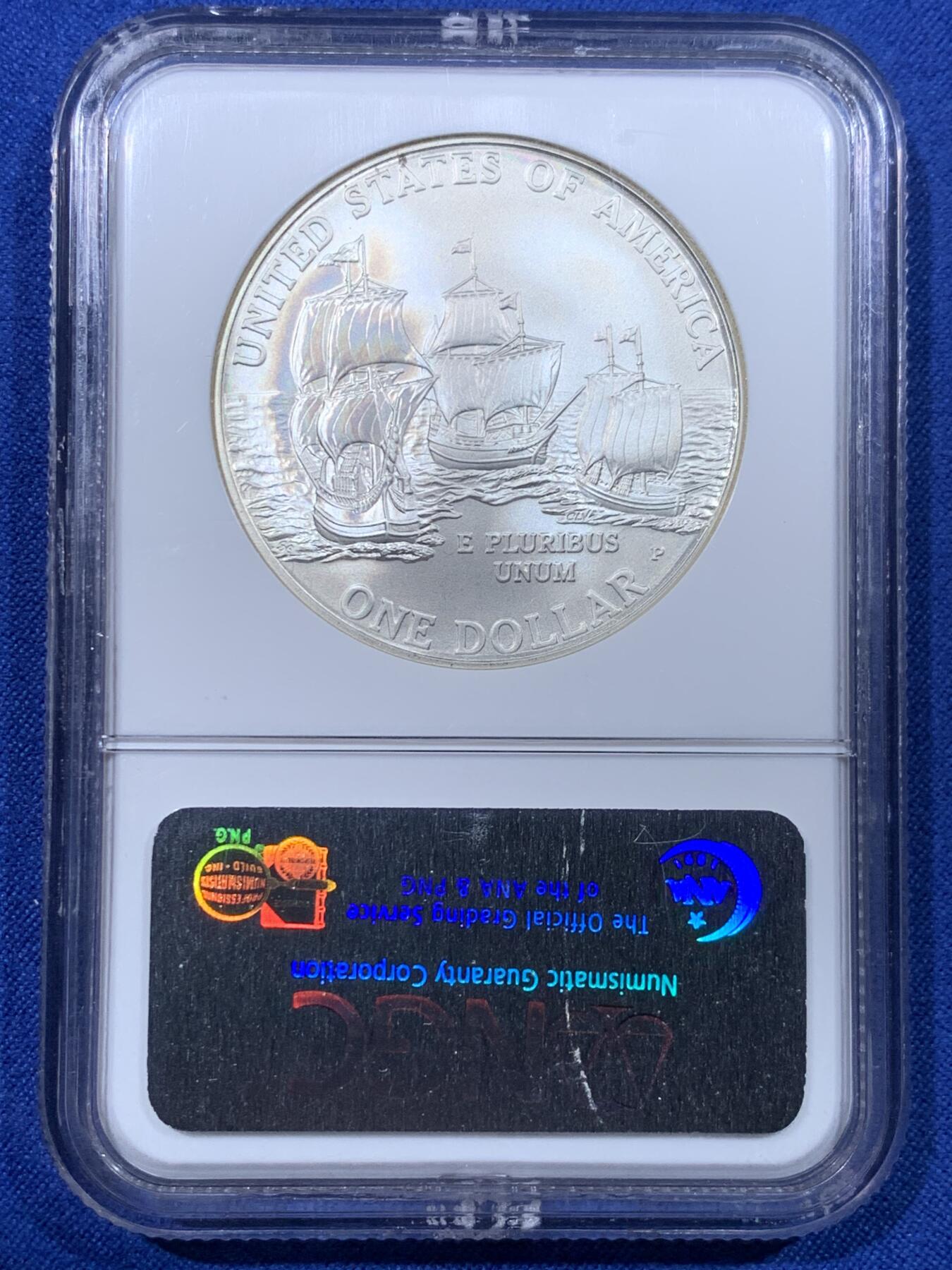 《竞宝斋》第443场 周日，周一，2场连拍 （全场包邮） NGC MS69 美国2007年詹姆斯敦400周年纪念1美元银币 900银 26.7克 盒子下沿小裂纹 细节见图