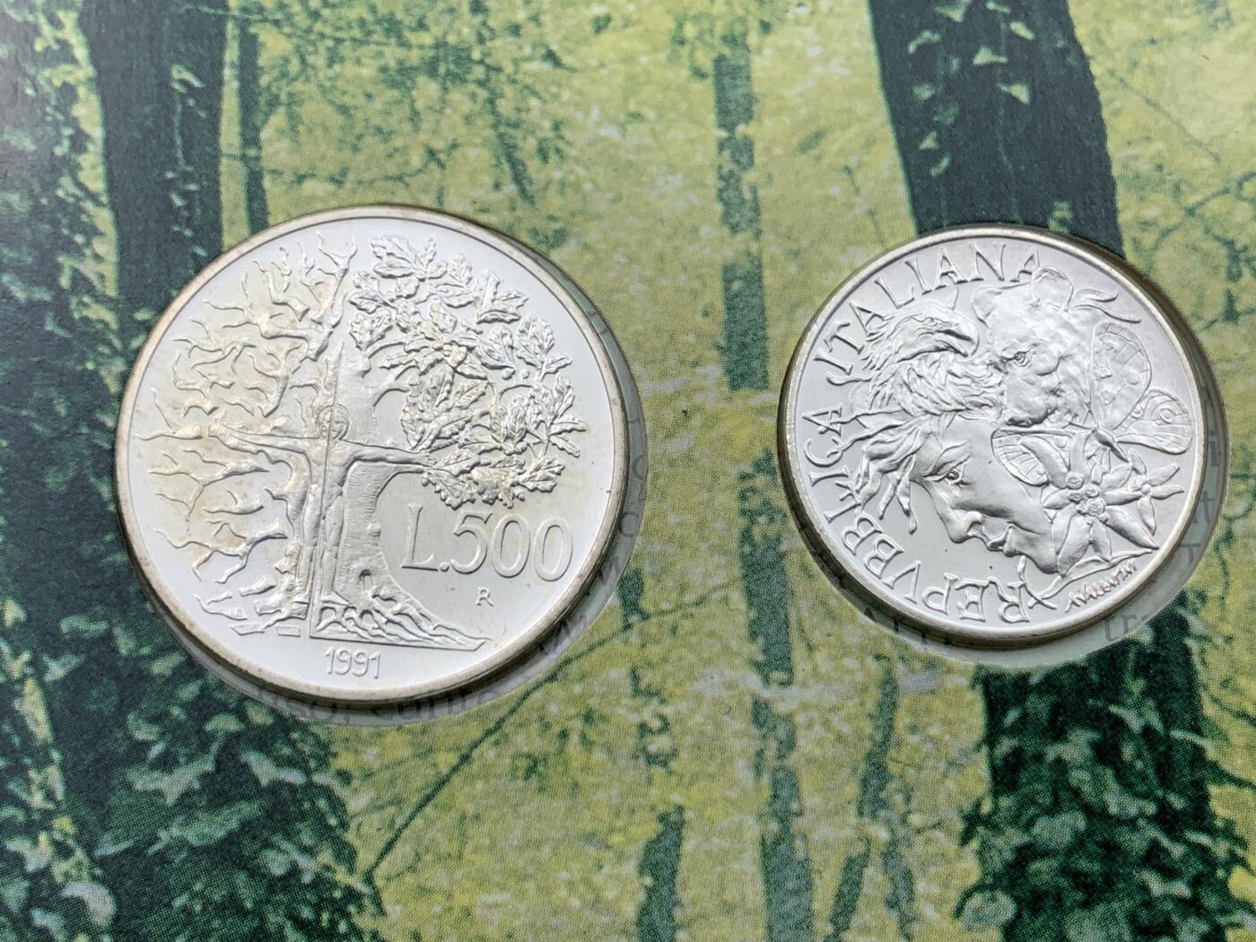 《竞宝斋》第443场 周日，周一，2场连拍 （全场包邮） 意大利1991年花神银套币，含银币两枚，500里拉银币（15克，0.835银）和200里拉银币（9克，0.835银）。