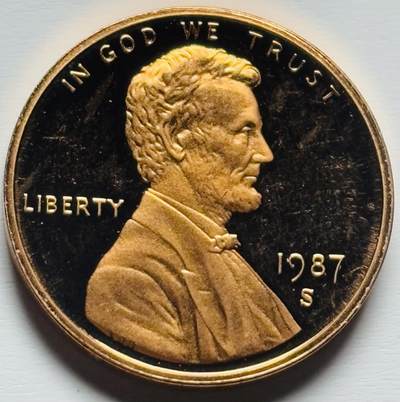 文馨钱币收藏第 284 场，【 长期接收代拍品】老藏家拍品南朝鲜李承晚时期货币，泰国大型纪念币，土耳其各时期及各国套币场 - 全新 1987 年美国林肯 1 美分精制币 S 版