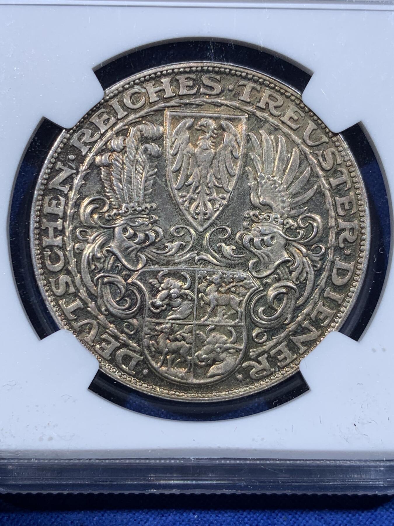 《竞宝斋》第443场 周日，周一，2场连拍 （全场包邮） NGC MS62 德国1927年兴登堡80大寿纪念银章，高分，双面包浆非常漂亮，卡尔哥茨作品。