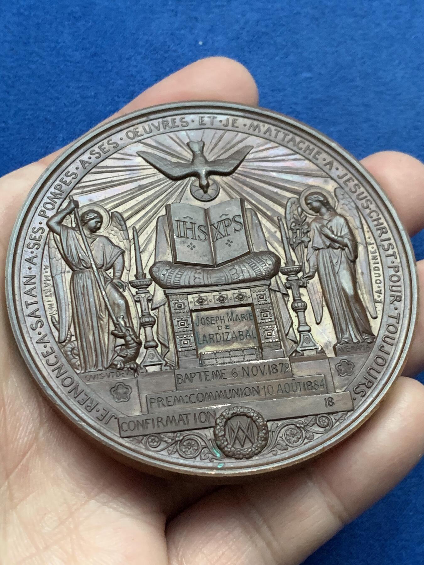 《竞宝斋》第443场 周日，周一，2场连拍 （全场包邮） 1884年法国圣餐洗礼大铜章 好品 145.6克 69mm 丰饶角铜标 原盒