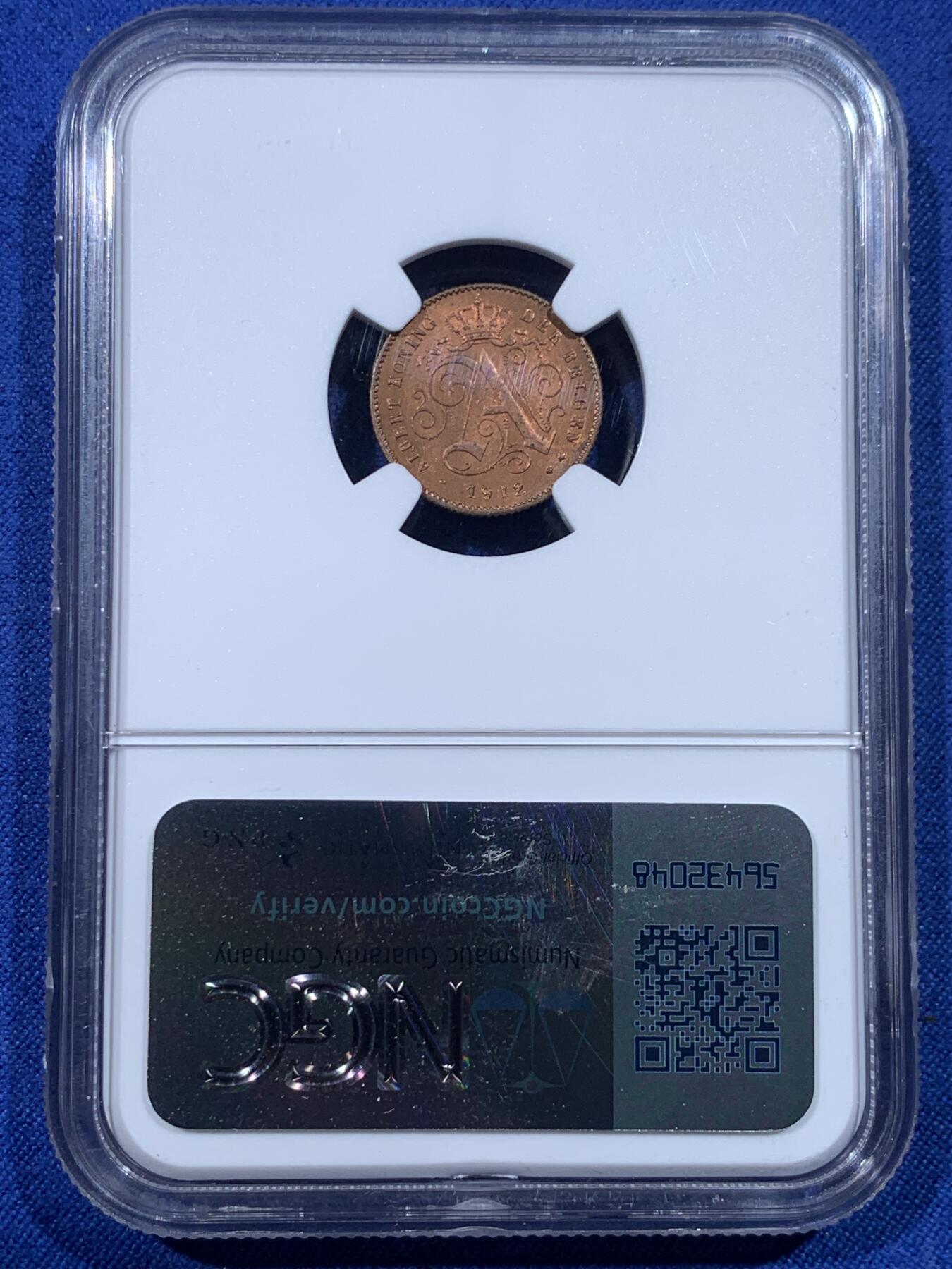 《竞宝斋》第443场 周日，周一，2场连拍 （全场包邮） NGC MS64RB 比利时 1912年 狮子 1分 铜币 少见红光早期铜币 比利时经典品种