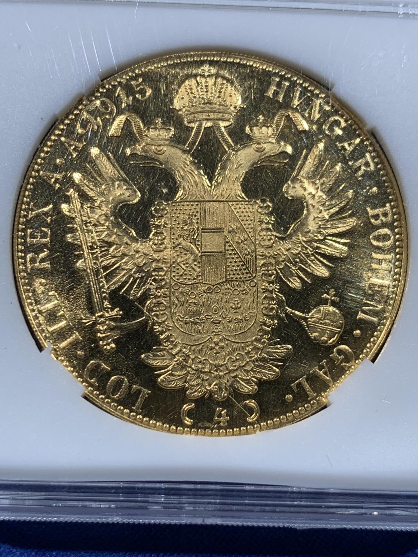 《竞宝斋》第443场 周日，周一，2场连拍 （全场包邮） CSIS-GREAT PF61UC 奥地利1915年弗朗茨一世4杜卡特金币，后铸版，13.96克，986金。