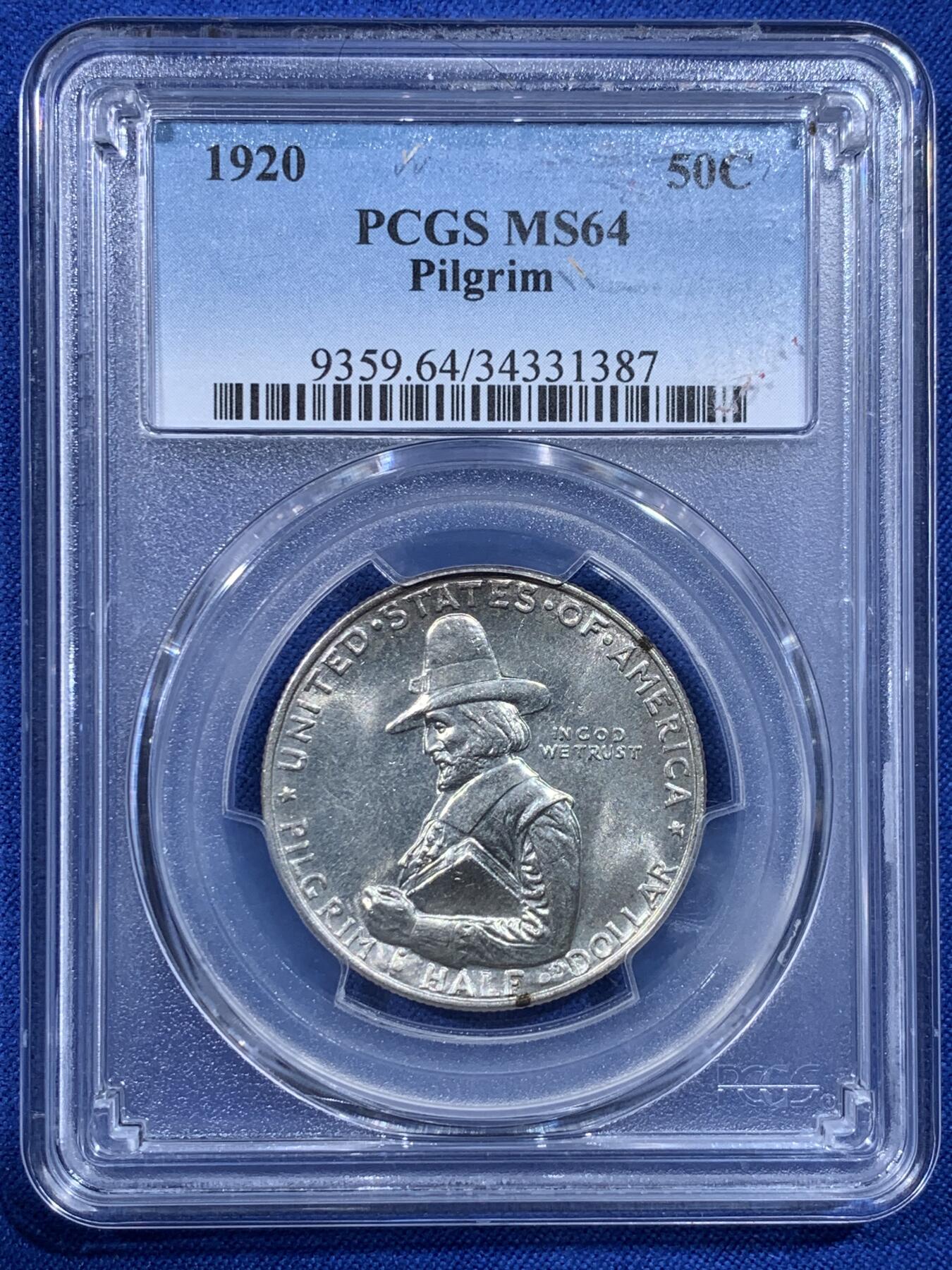 《竞宝斋》第443场 周日，周一，2场连拍 （全场包邮） PCGS MS64 美国1920年清教徒移民半美元纪念银币 经典设计 背面五月花号 盒子支撑有磕