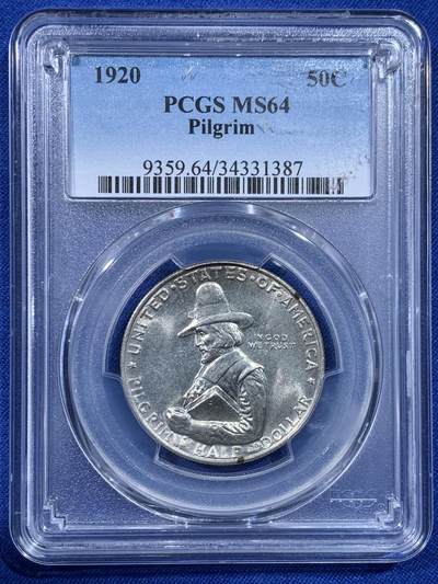 《竞宝斋》第443场 周日，周一，2场连拍 （全场包邮） - PCGS MS64 美国1920年清教徒移民半美元纪念银币 经典设计 背面五月花号 盒子支撑有磕