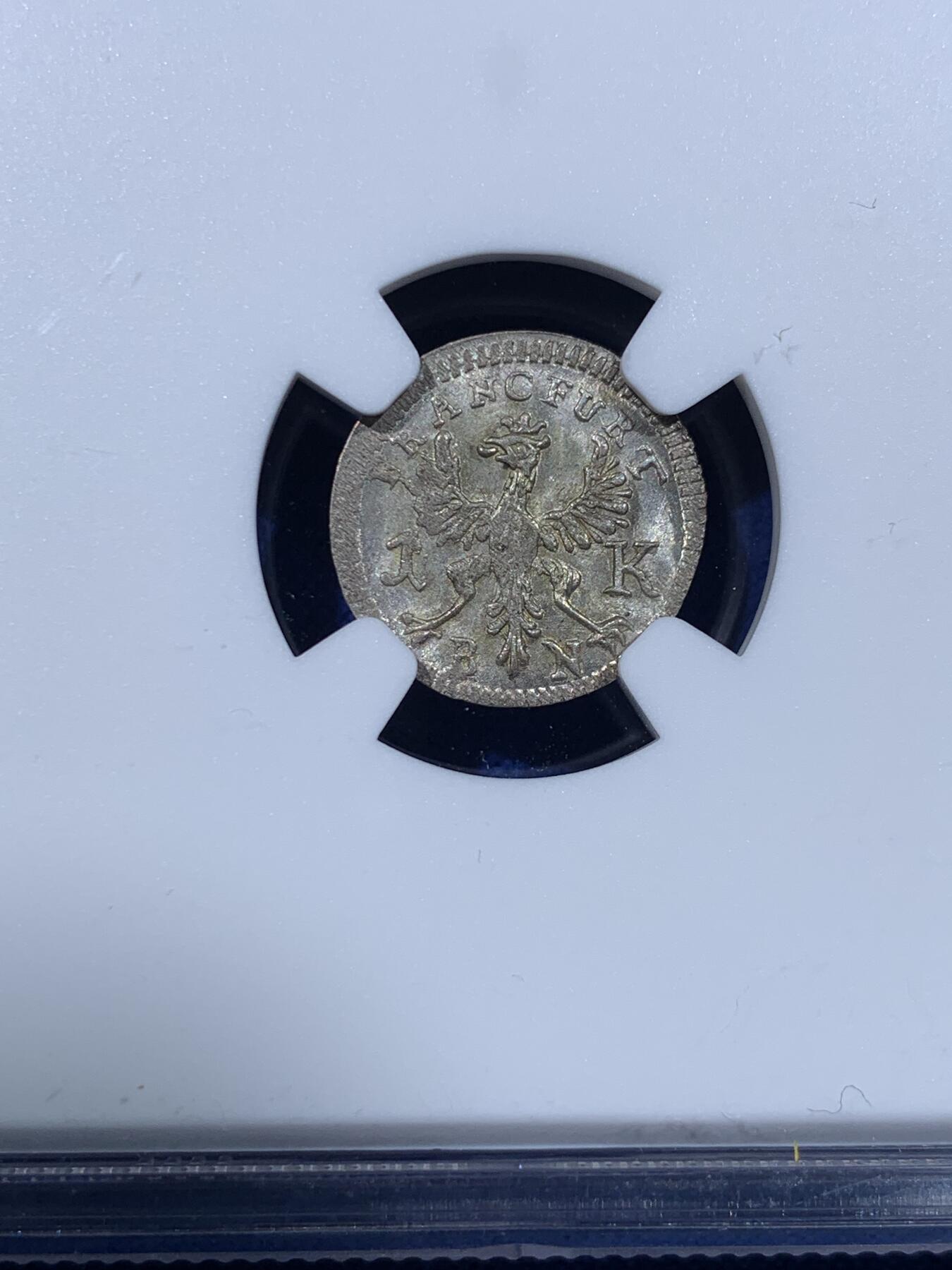 《竞宝斋》第443场 周日，周一，2场连拍 （全场包邮） NGC MS65 神圣罗马帝国时期1773年法兰克福城市景观银币，面值1克鲁泽，神罗系列的帝国自由市小精品，光度无敌，高分难得