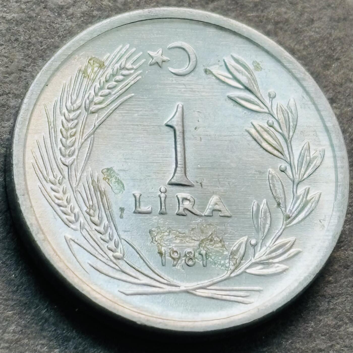 文馨钱币收藏第 284 场，【 长期接收代拍品】老藏家拍品南朝鲜李承晚时期货币，泰国大型纪念币，土耳其各时期及各国套币场 稀少品种星月形向左 原光品相 1981 年土耳其 1 里拉，独年份