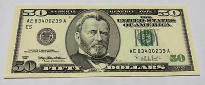 《外钞收藏家》第五百九十期（欧洲强钞、港币、硬通货及丰富裸币大拍场）（本平台长期征集拍品、欢迎藏友们联系合作） - 1996年 大头首发50美元 UNC 实物图