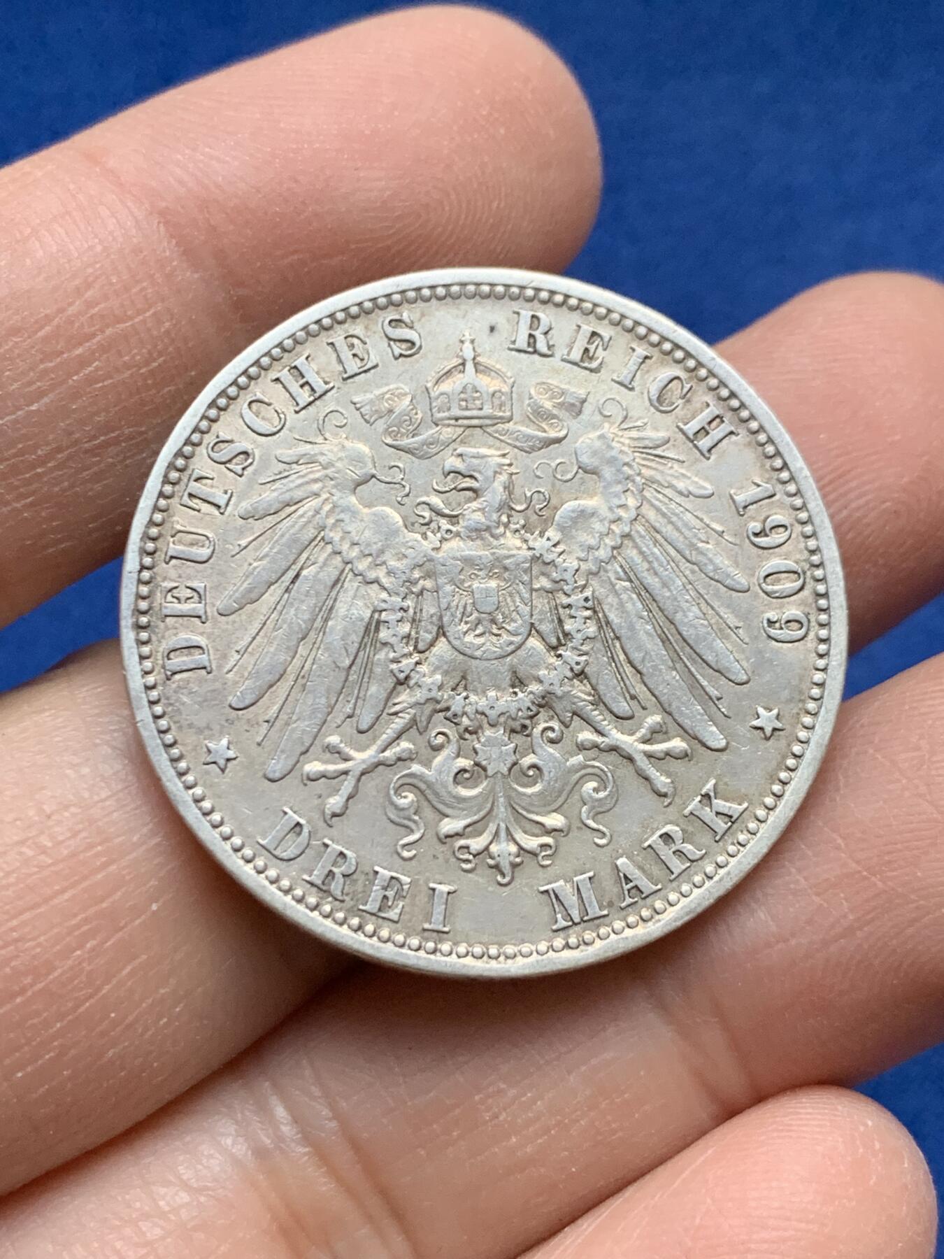 《竞宝斋》第443场 周日，周一，2场连拍 （全场包邮） 德国1909年巴伐利亚奥托3马克银币