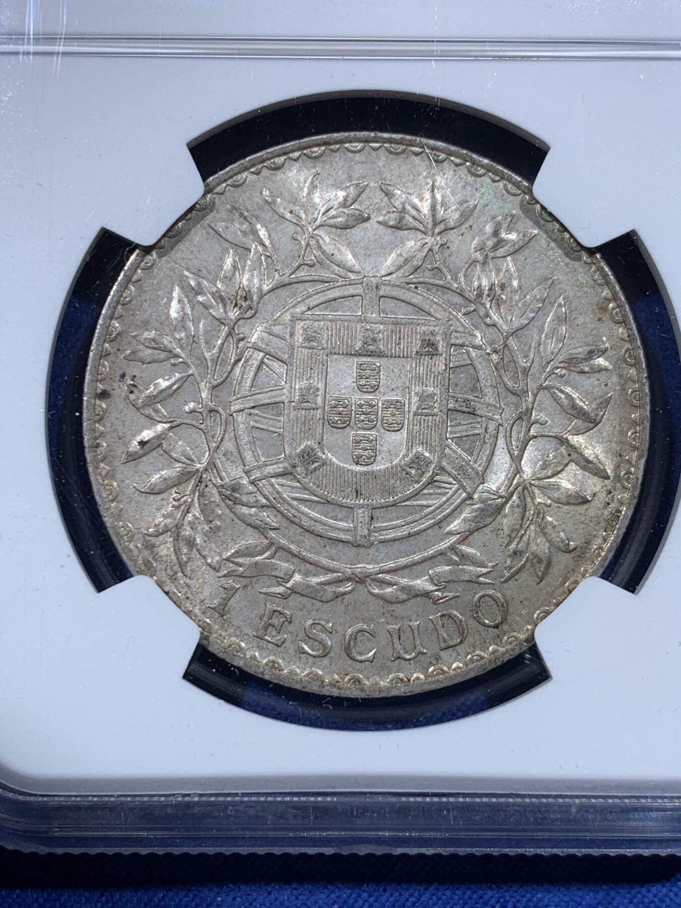 《竞宝斋》第443场 周日，周一，2场连拍 （全场包邮） NGC AU58 葡萄牙 1916年 1埃斯库多 女神 银币 老包浆 葡萄牙经典品种