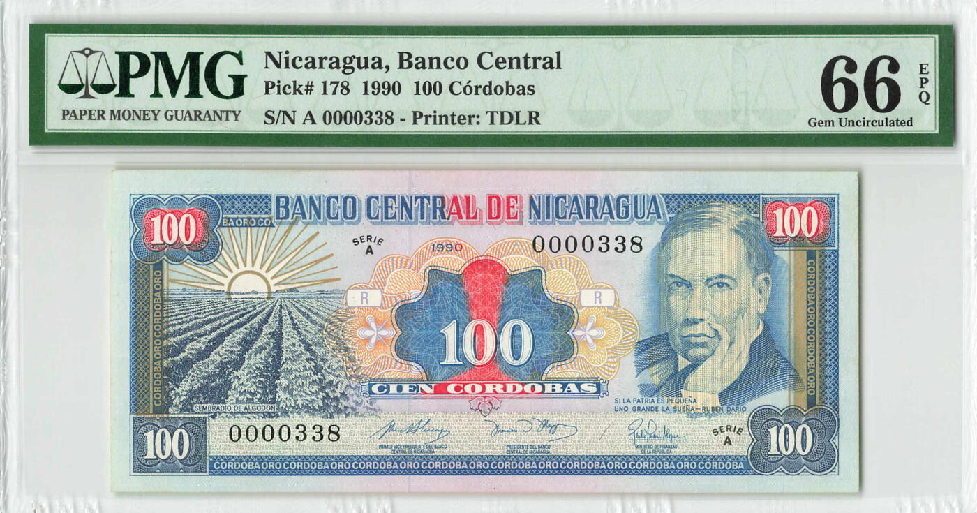 小福收藏拍卖第196期 评级币精选场 大量新增精品 本期有68分倒置号布隆迪世界最大纸币  菲律宾百位靓号100000比索超大纪念钞 巴基斯坦51年100卢比冠军分 泰国69年10铢纪念钞0A冠百位倒置号  文莱06年500吉令特首年首冠 丹麦经典大松鼠  法属印度支那 俄罗斯 玻利维亚 东加勒比 亚美尼亚等多国精美高分珍稀老钞精品纸币 尼加拉瓜 1990年 100科多巴 首版 首签 A首冠 338百位小号 PMG66 EPQ 冠军分！！