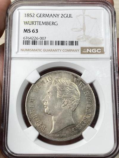 万国钱币拍卖第056期 - NGC MS63 1852年德国符腾堡狮鹿流通2古尔登大银币 原味淡彩观感极佳 收藏级2盾大银