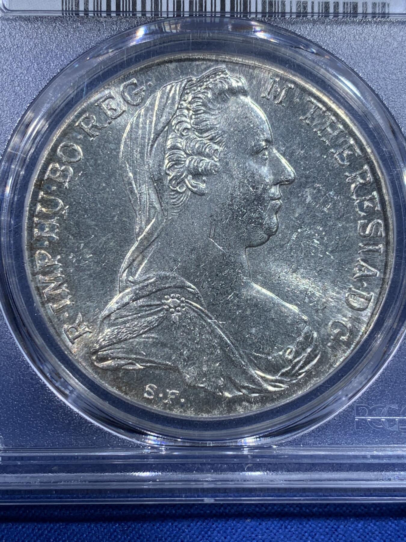 《竞宝斋》第443场 周日，周一，2场连拍 （全场包邮） PCGS MS62 奥匈帝国1780年大奶妈银币，后铸版。