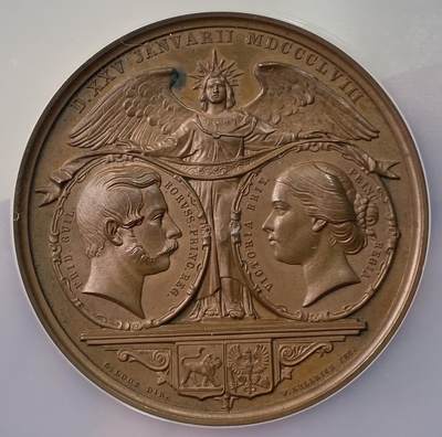 万国钱币拍卖第056期 - NGC MS63 1858年德国普鲁士腓特烈王子与英国维多利亚·阿德莱德·玛丽·路易丝公主结婚纪念大铜章 也就是日后的腓特烈三世百日皇帝 德系婚章中的名誉品种 R等级非常罕见 大规格53MM