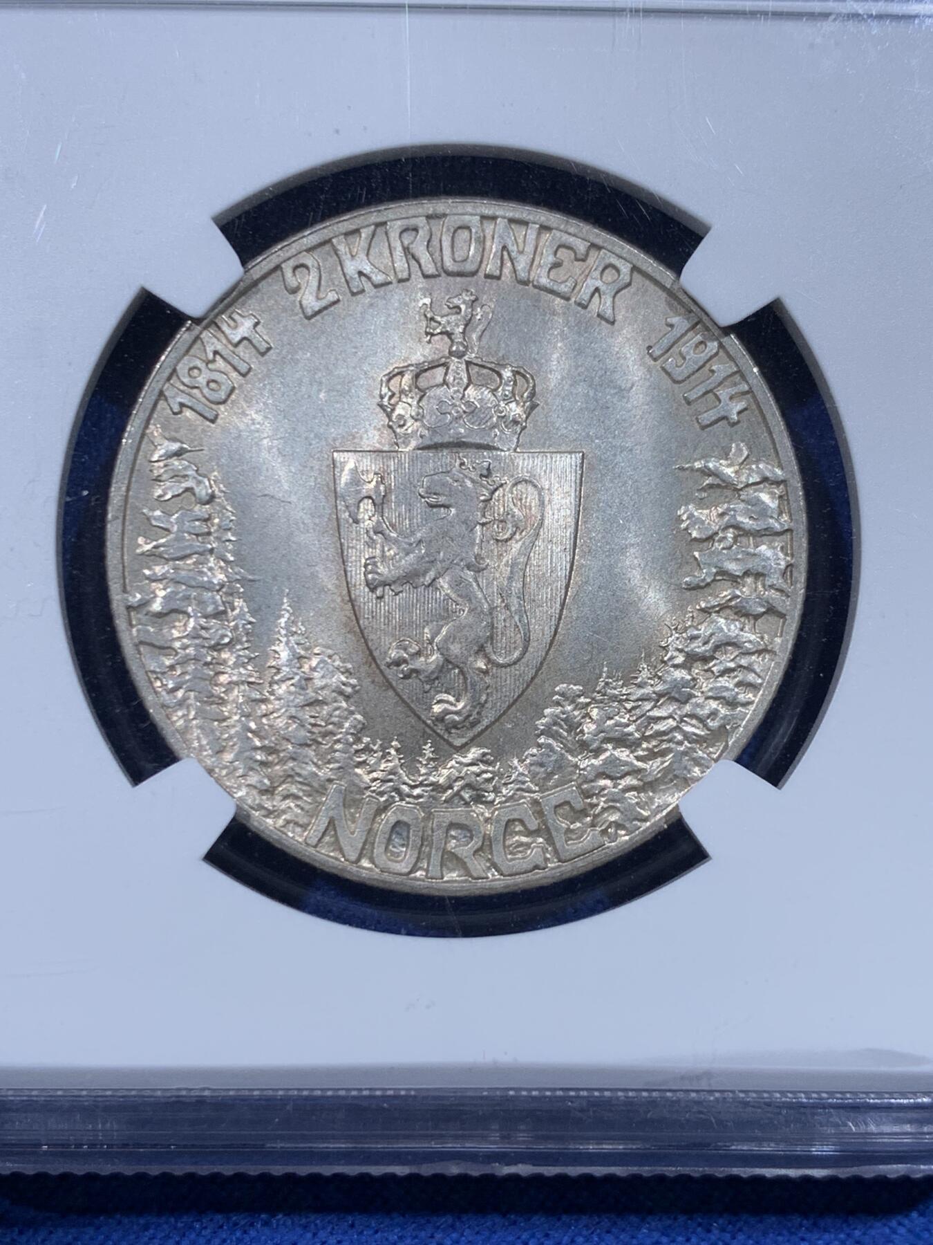 《竞宝斋》第443场 周日，周一，2场连拍 （全场包邮） NGC MS64 挪威1914年宪法百年纪念2克朗银币 银霜转光