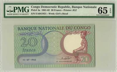 小福收藏拍卖第196期 评级币精选场 大量新增精品 本期有68分倒置号布隆迪世界最大纸币  菲律宾百位靓号100000比索超大纪念钞 巴基斯坦51年100卢比冠军分 泰国69年10铢纪念钞0A冠百位倒置号  文莱06年500吉令特首年首冠 丹麦经典大松鼠  法属印度支那 俄罗斯 玻利维亚 东加勒比 亚美尼亚等多国精美高分珍稀老钞精品纸币 - 刚果 1962年 20法郎 PMG65 EPQ
