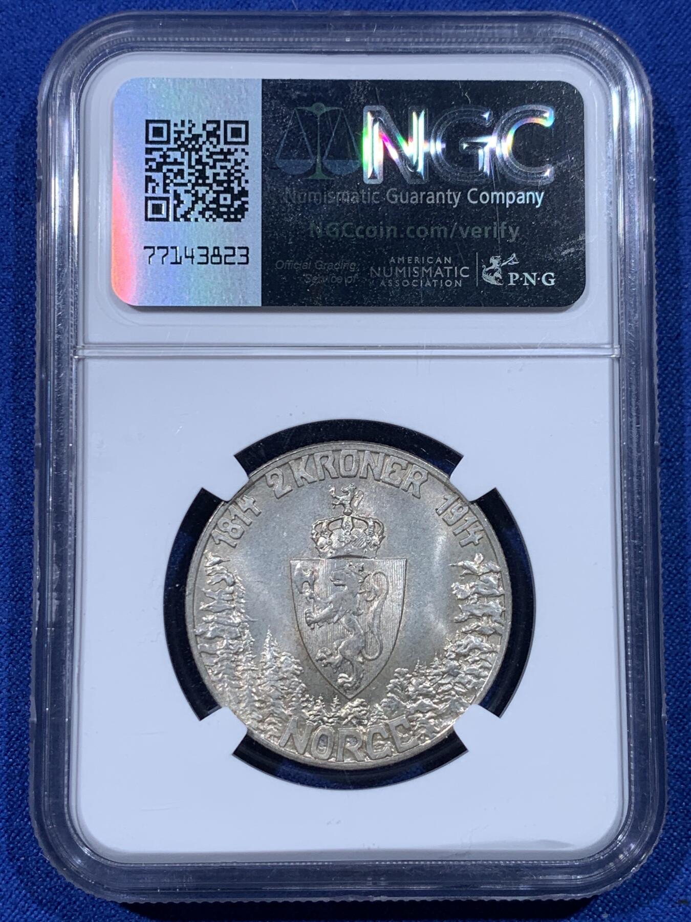 《竞宝斋》第443场 周日，周一，2场连拍 （全场包邮） NGC MS64 挪威1914年宪法百年纪念2克朗银币 银霜转光