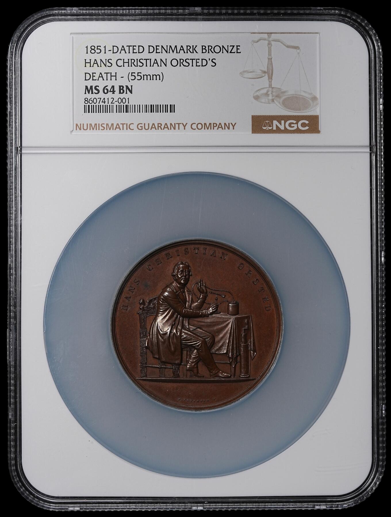 修遠堂世界钱币第九十五期 NGC MS64BN 1851年丹麦物理学家，化学家-汉斯·奥斯特纪念大铜章 特大加厚盒