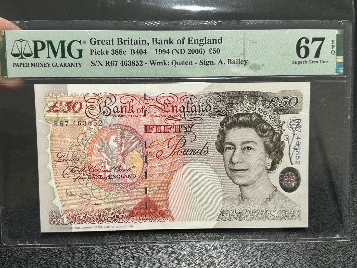 《外钞收藏家》第五百九十期（欧洲强钞、港币、硬通货及丰富裸币大拍场）（本平台长期征集拍品、欢迎藏友们联系合作） 1994年英国E序列50镑 PMG67